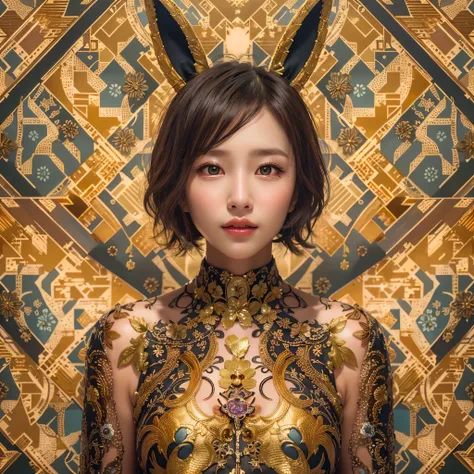 (Background, symmetrical, Compositions with colorful geometric arabesque patterns):1.3, (high shadows detail), (short hair, dark brown hair),  best quality, masterpiece, ultra high res, (photorealistic:1.3), RAW photo, (1woman:1.3, solo), (asian girl, ultr...