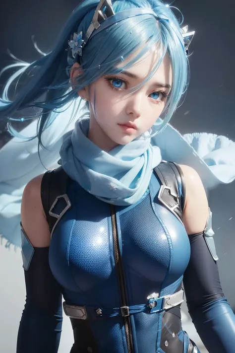 Bust to waist ((half body) beauty anime girl /// (blue hair using ice flower hair clip) (((wearing detailed combat body suit with scarf))), upperbody shots, detailed skin, face sharp focus, detailed eyes and pupils, detailed hair, intricate details and sha...