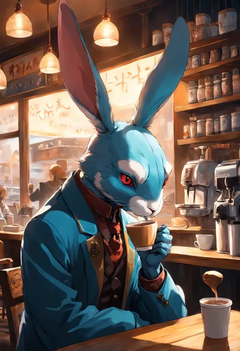 a humanoid rabbit drinking coffee at a coffee shop, art by [Esao Andrews]