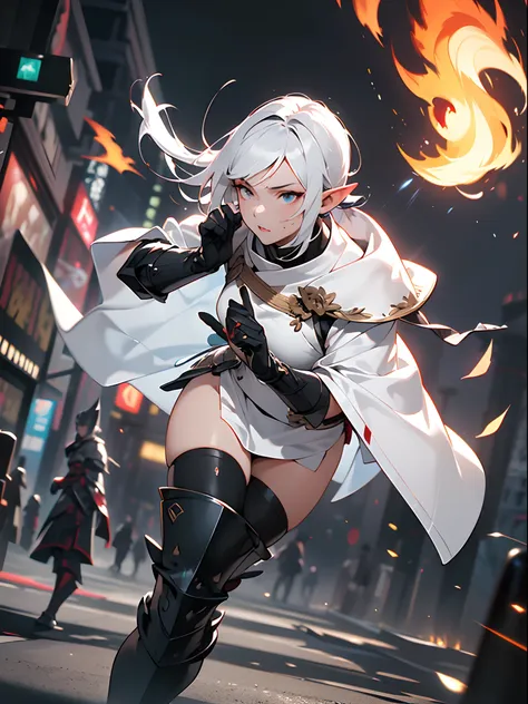 ((jpn)),((Best Quality)),((Beautifully painted)),((hight resolution)),1girl in,Beautiful Elven Daughter,(((White surcote))),((White cloak with red decoration)),Luminescent bushy silver-haired ponytail,Shining eyes,(((black gauntlet and glove))),nice hand, ...