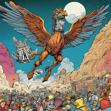 greece pegasus laptop asus, in a sky , wearing a crown , portrait, comic book illustration by jack kirby