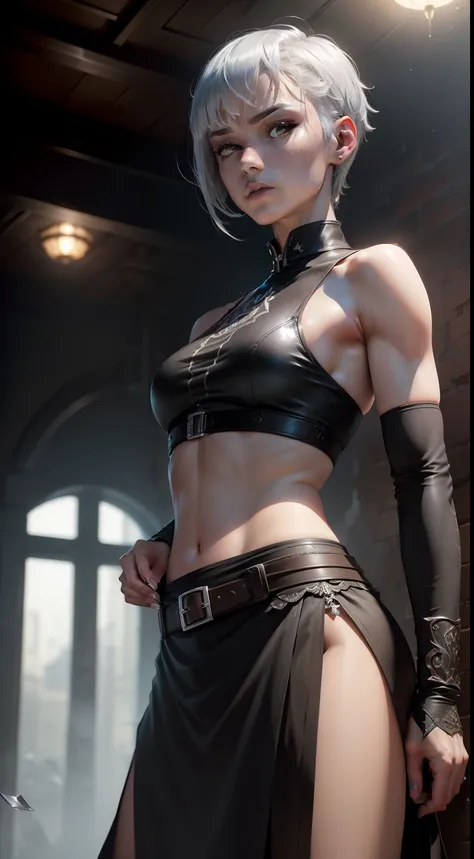 ((angle of view)), 1人, Adult, Slim abs: 1.1, hitman, Standing still, ((Solo)), (Forehead), (buzzcut + Top cut), short length bangs, hair between eye, Short fluffy hair, Silver hair, Serious, Silver eyes, (((black sleeveless top)), (1人), Wide trapeze, bare ...