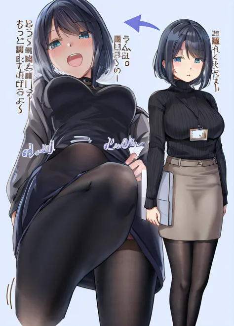 Anime girl with blue eyes and black skirt standing next to another girl, fully - clothed!!!, (SFW) safe for work, 2b, 2 b, highly_Detailed!!, Fubuki, Ecchi anime style, Ecchi style, full_Body!!, Ecchi, Realistic!!, Kantai Collection Style, Chic, BLUE AND B...