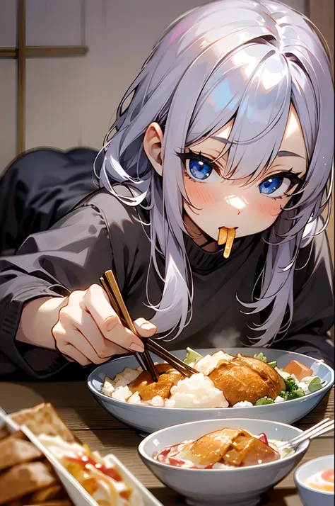 girl with、silber hair、blue eyes、lying on the futon、crawling on the stomach、eat katsudon、holding chopsticks