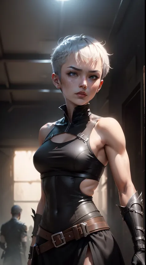 ((angle of view)), 1人, Adult, Slim abs: 1.1, hitman, Standing still, ((Solo)), (Forehead), (buzzcut + Top cut), short length bangs, hair between eye, Short fluffy hair, Silver hair, Serious, Silver eyes, (((black sleeveless top)), (1人), Wide trapeze, bare ...