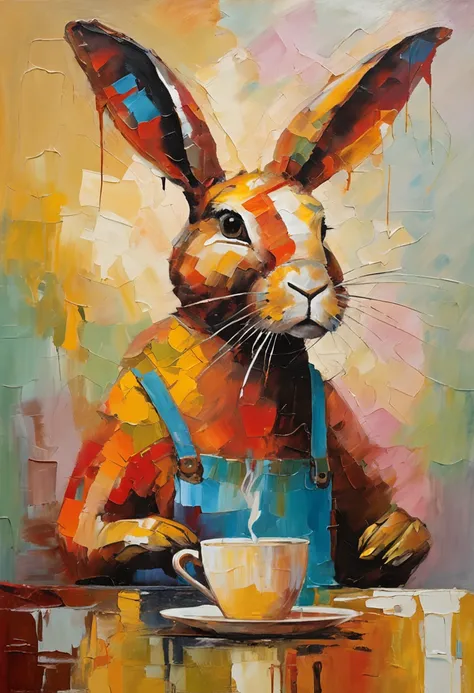 a humanoid rabbit drinking coffee at a coffee shop, art by [Leonid Afremov]