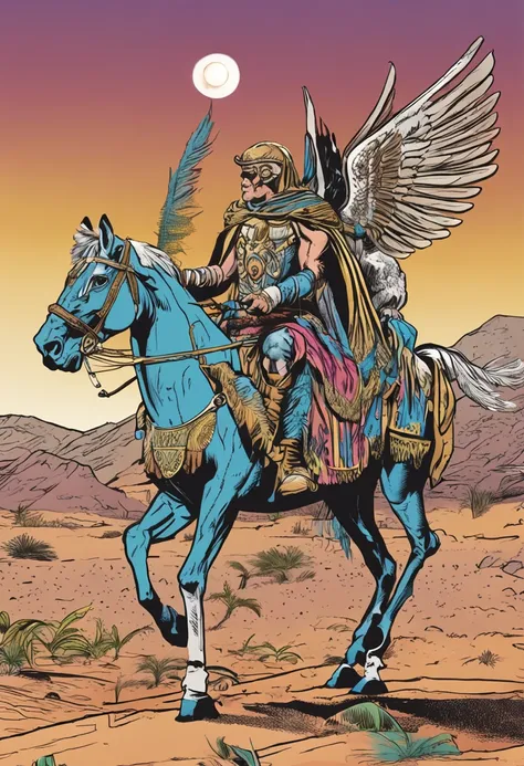 greece pegasus laptop, in a desert , wearing a crown , comic book illustration by jack kirby