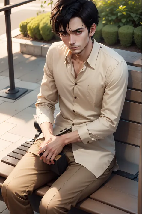 Ultra realistic 8k image of a slim 25 year old man, short black hair, dressed in a beige button-up shirt and beige pants, irritated expression, sitting on a park bench in the morning with a brown package on his lap