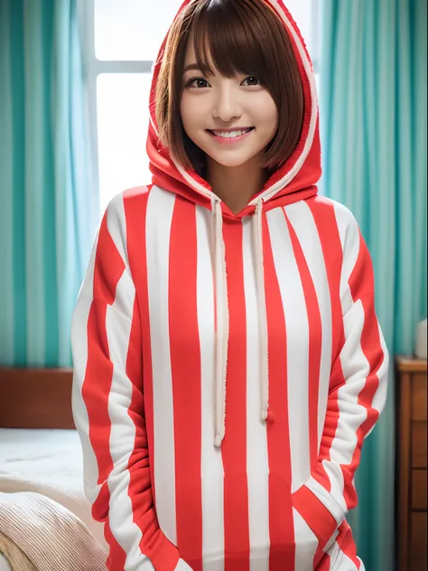 the Extremely Detailed CG Unity 8K Wallpapers、top-quality、ultra-detailliert、​masterpiece、studio shoot、Full body portrait、(Cyan and red and white multicolor horizontal striped hoodie, Towel fabric:1.4), realisitic、Behind the photo、large full breasts、Photo R...