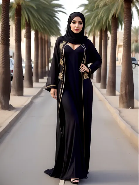 Beautiful cute Arabian Egyptian busty woman. Big lips. Perfect face. Makeup. . Full body. Hourglass figure. Revealing sexy casual outfit with abaya. In Egypt street . Masterpiece