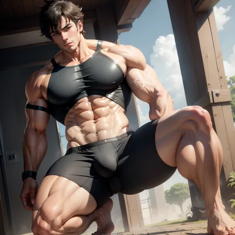 malefocus，Robust，Broken clothing，Bulging crotch，The barefoot，anime big breast，Anime Shounen，whoop