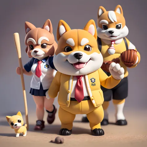 blind box toy style, arafed dog wearing a shirt and pants with a tie, inspired by Shiba Kōkan, a dingo mascot, pitt, anthropomorphic shiba inu, sports team mascot, shiba inu holding a baseball bat, shibu inu, high school mascot, sports mascot, doge meme, p...