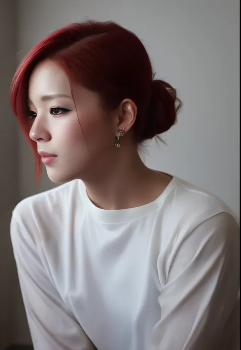 Natural redhead woman posing for camera, Full Body Pose, sad, saddened, Stylish updated hairstyles, hair in bun, Straight hair, screaming in pain, Pretty Face, sobbing, Crying, Facial features are、Aya Yamamoto and Marina Matsui、It is a mix of Asuka Saito a...