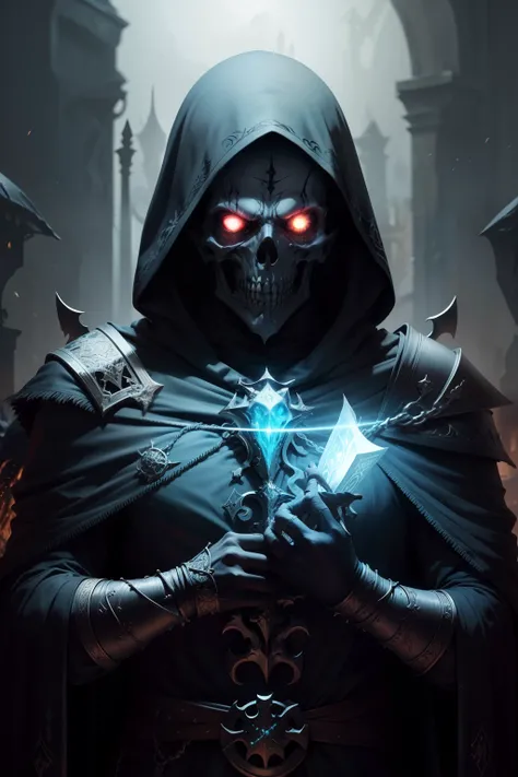 imagem de um homem com um manto encapuzado segurando uma espada, d & d Ish, Lich Vecna (d&d), Ish, undead lich, Arte do Jogo de Cartas de Fantasia, necromante, necromante de capa escura, Mago morto-vivo, the harbringer of death, Retrato do Necromante