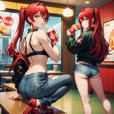 Full body shot, female asian Irina Shidou red hair twintails green eyes, in a McDonalds restaurant, wearing a bomber jacket and crop top and denim shorts, eating a cheeseburger and drinking a Coca-Cola, side shot, back shot, shot from backside, behind shot...