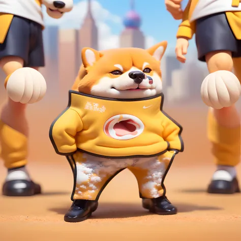 blind box toy style, arafed dog wearing a shirt and pants with a tie, inspired by Shiba Kōkan, a dingo mascot, pitt, anthropomorphic shiba inu, sports team mascot, shiba inu holding a baseball bat, shibu inu, high school mascot, sports mascot, doge meme, p...