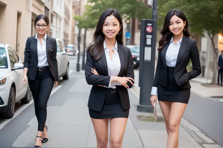 Young happy pretty smiling professional business woman, happy confident positive female entrepreneur standing outdoor on street arms crossed, looking at camera