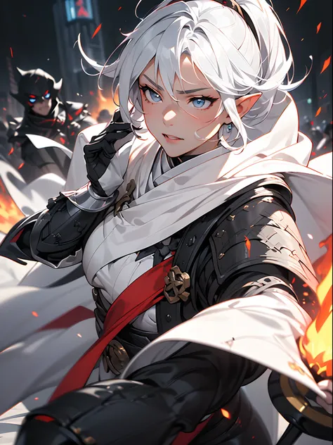 (jpn)),((Best Quality)),((Beautifully painted)),((hight resolution)),1girl in,Beautiful Elven Daughter,(((White surcote))),((White cloak with red decoration)),Luminescent bushy silver-haired ponytail,Shining eyes,(((black gauntlet and glove))),Black headse...