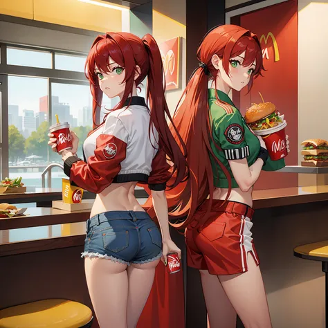 Full body shot, female asian Irina Shidou red hair twintails green eyes, in a McDonalds restaurant, wearing a bomber jacket and crop top and denim shorts, eating a cheeseburger and drinking a Coca-Cola, side shot, back shot, shot from backside, behind shot...