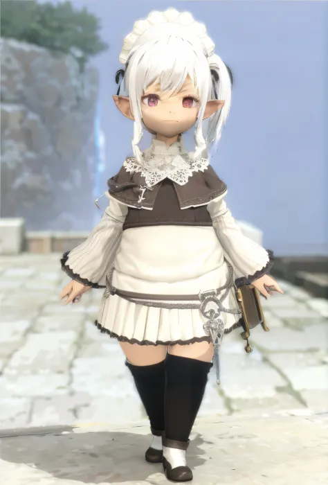 There is a 3D image of a girl in a dress and boots, dressed like a cleric, lalafell, twintails white_mitts, final fantasy 14 style, small curvaceous loli, loli in dress, small loli girl, NPCs and saintsHalo, cleric, fantasyoutfit, Maid outfit, npc with a s...