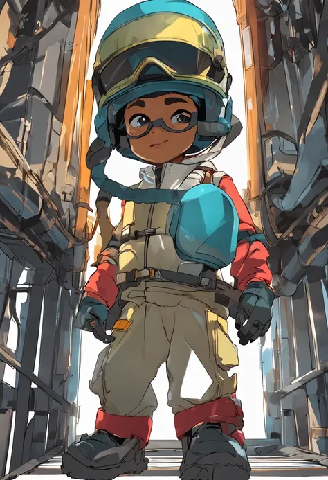 a black child dressed in a helmet, rope, mask, glasses work safety clothing to enter the grain silo, hq anime, 4k