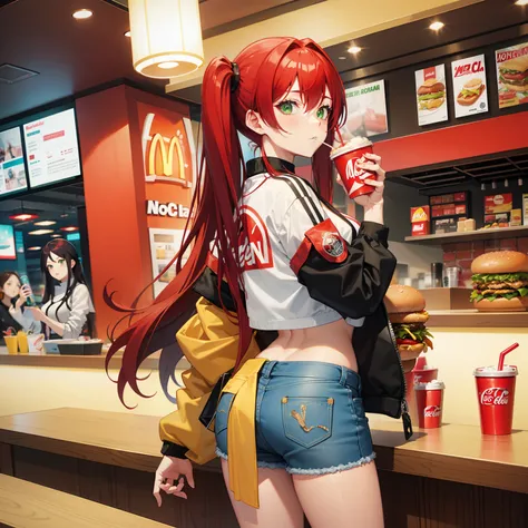 Full body shot, female asian Irina Shidou red hair twintails green eyes, in a McDonalds restaurant, wearing a bomber jacket and crop top and denim shorts, eating a cheeseburger and drinking a Coca-Cola, side shot, back shot, shot from backside, behind shot...