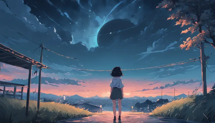 Beautiful moonlight sky, 1girl in, breastsout, A dark-haired, off shoulders, is standing, lofi hip hop, countryside view, lofi artstyle, lofi art, chillhop, lofi, anime movie background, Anime Background, lofi aesthetic, Wit Studio Anime, lofi album art, R...