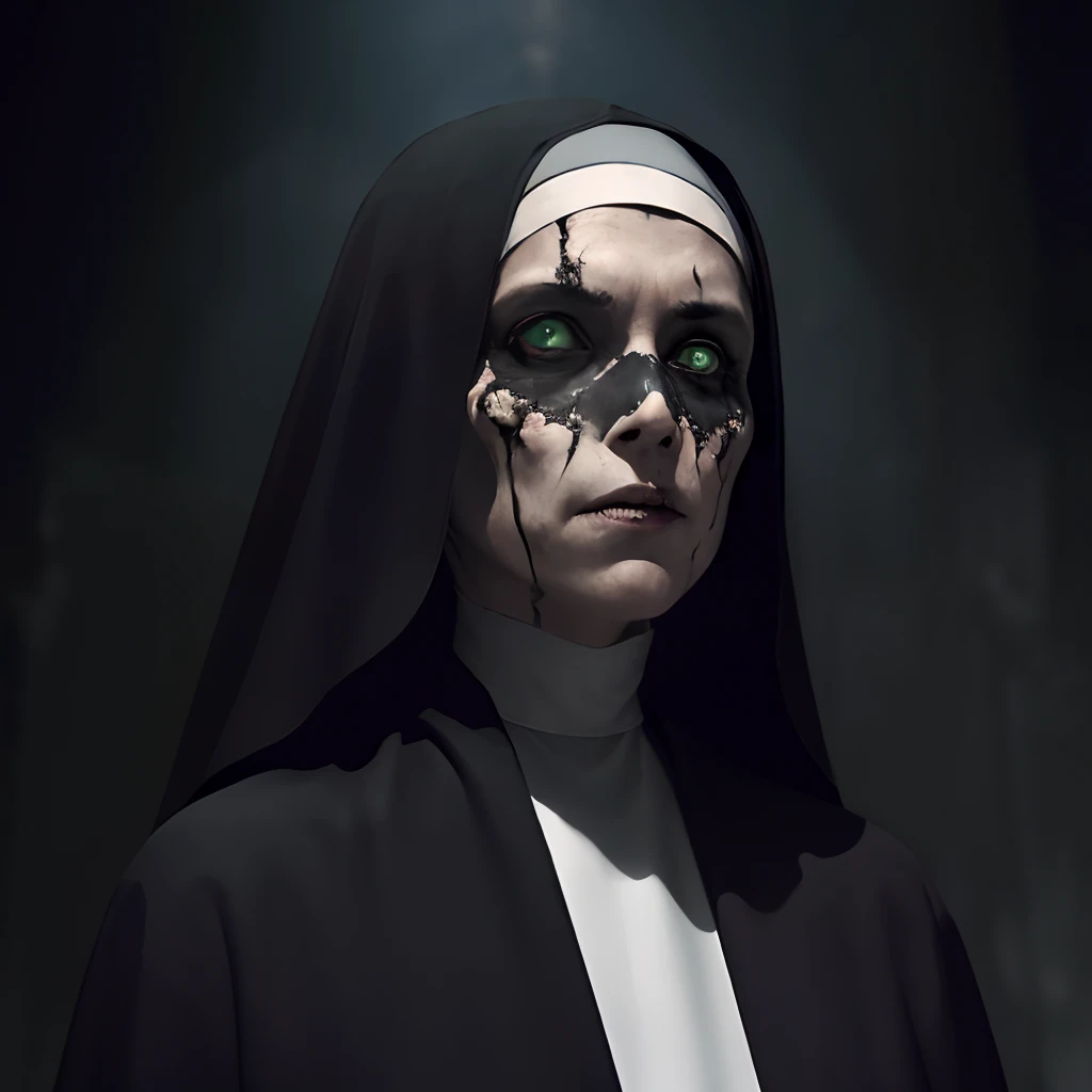 The iconic nun in the film "Invocation of evil" comes to life in a digital illustration exactly like the one in the movie, capturando sua aura aterrorizante. With menacing green eyes , She emerges from the shadows with her macabre habit fluttering. Detalhe...