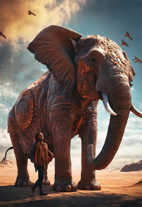 {Best quality}, {{Masterpiece}}, {A high resolution}, Original, Extremely detailed 8k wallpaper, {An extremely delicate and beautiful},,A man rides on a giant elephant，tiny wings, Fly in the sky, mystical, science fiction, adventure, distant lands