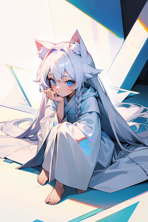 Need，tmasterpiece，youth，White，cat ear，long white robe，quadratic element，apathy，long  white hair，SideBraid，Look up，astonishment，Sit on your knees