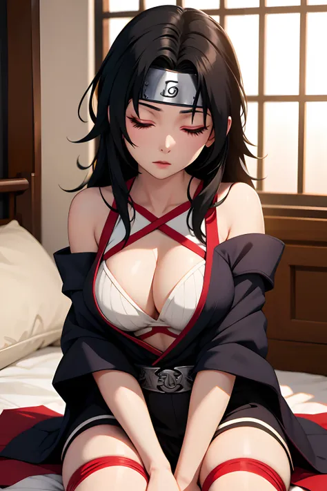 nar_kurenai_yuhi，forehead protection，bandagens，full bodyesbian，red eyes，wariza，off-the-shoulder attire，cleavage，little breast, a...