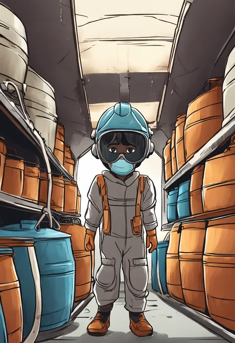 a black child dressed in PPE (capacete, corda, WMASK, eyeglass, Work safety clothing to enter the grain silo), at the bottom of a grain storage unit, hq anime, 4k