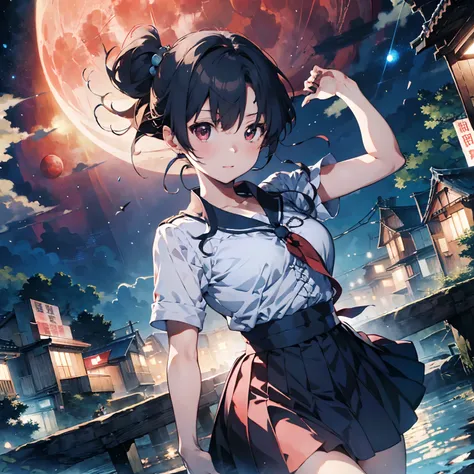 Masterpiece, High quality, best detail, Japanese anime illustration, A beautiful woman with short light blue hair and red eyes in uniform, Random pose, (Background:Big Red Moon)