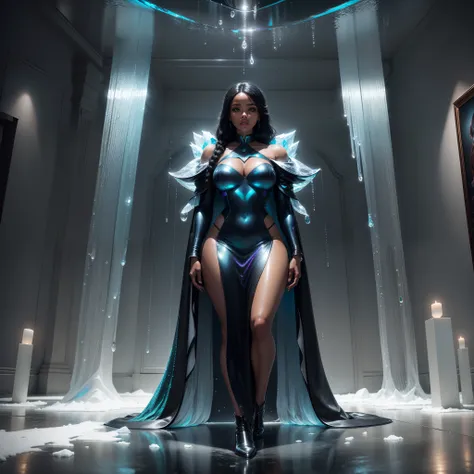 Wide camera shot view of a full body shot of a beautiful black woman in a room full of furniture made out of ice, frozen multiple rain drops suspended in the air, with iridescent light, highly detailed images, vibrant beautiful colours, photorealistic imag...