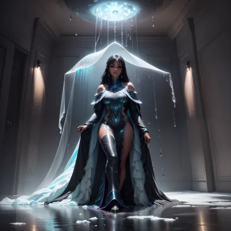 Wide camera shot view of a full body shot of a beautiful black woman in a room full of furniture made out of ice, frozen multiple rain drops suspended in the air, with iridescent light, highly detailed images, vibrant beautiful colours, photorealistic imag...