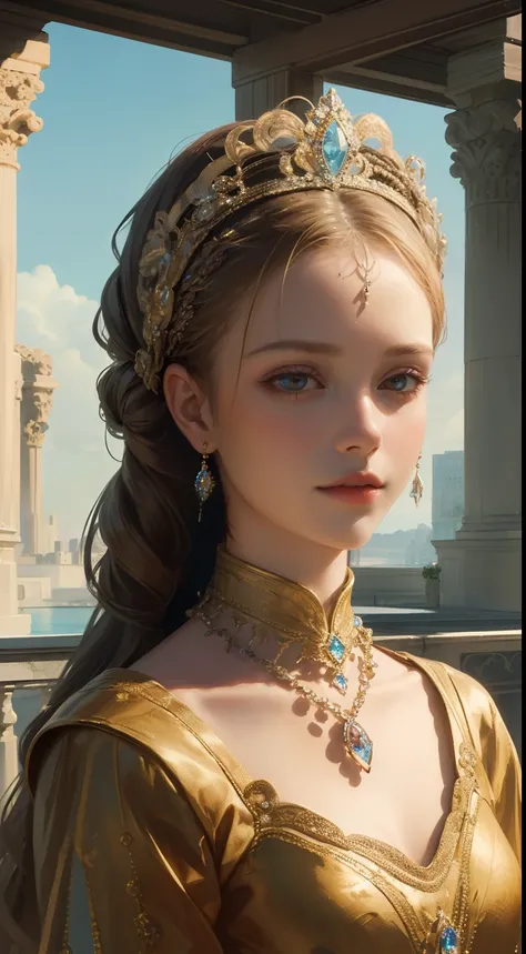 (Ultra-high quality masterpiece，Beautiful bust of an 18-year-old noble girl，Classical braids，The eyes are shiny and clear，Floral craftsmanship，Crystal jewelry，Ultra-fine details，Soft lighting)