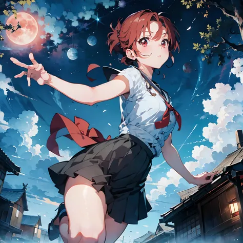 Masterpiece, High quality, best detail, Japanese anime illustration, a beautiful  woman，Light blue short hair and red eyes wearing uniform, Random pose, (Background:Big Red Moon)