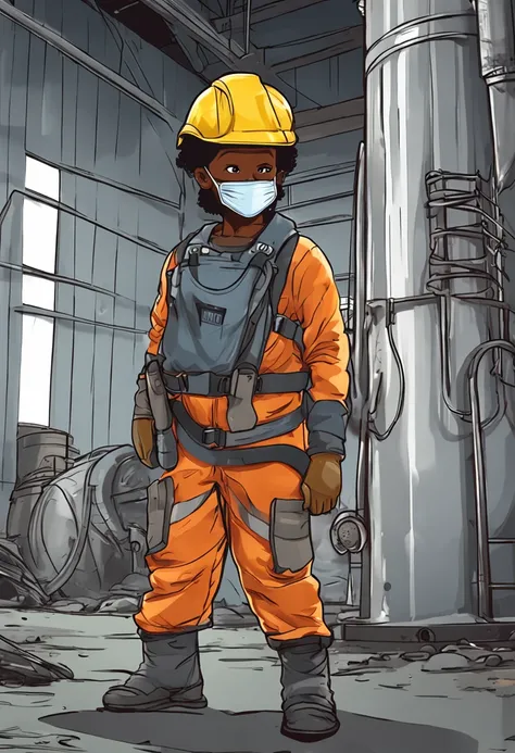 a black child dressed in PPE (capacete, corda, WMASK, eyeglass, Work safety clothing to enter the grain silo), The backdrop has silos and grain dryer, hq anime, 4k