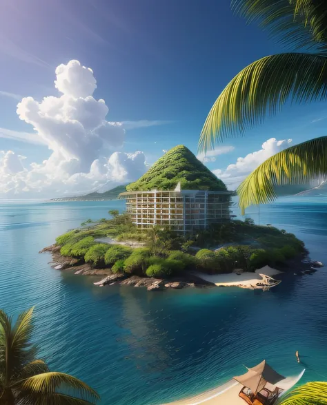 "Beautiful, realistic lagoon with a large island surrounded by an ocean and lush jungle. The exquisite hotel on the shore can be seen from a top side view, providing a stunning 3D perspective. Please add more details to enhance the image."