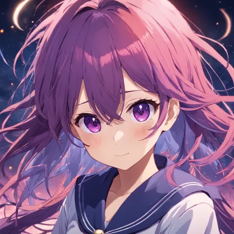 Secondary 2 girl，Purple colored hair，Wear an eye patch over the left eye，Red pupil of right eye，ssmile，Wearing a sailor suit