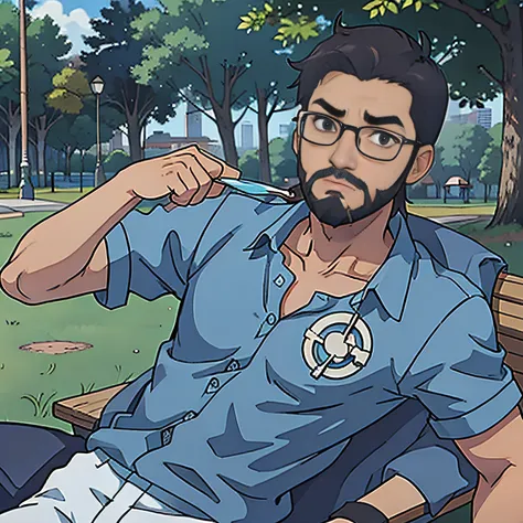 skinny boy tanned skin with glasses and beard with blue shirt in a park