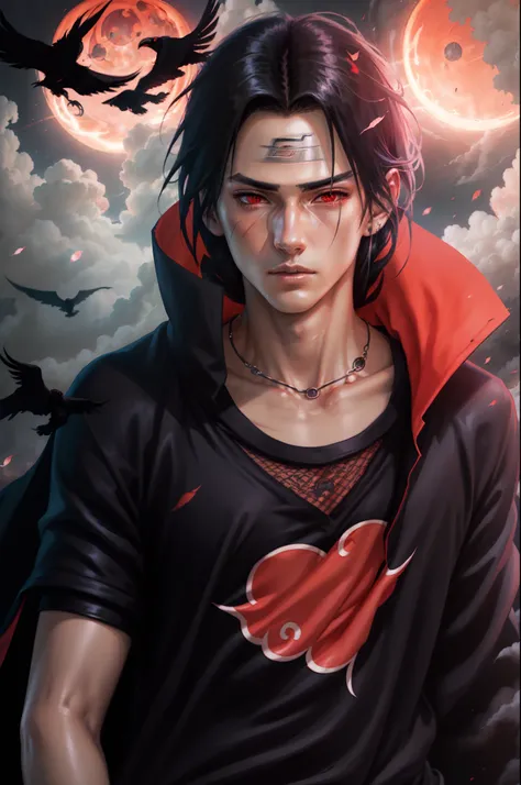 a young man covered in black cape with akatsuki cloud, itachi uchiha, itachi, akatsuki akira, itatchi uchiha from naruto, epic d...