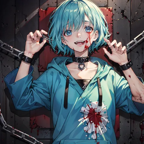 masterpiece, high quality, best detail, japanese anime illustration, a crazy scariest woman with light blue short hair, big smile, blood splattered on face, collar, handcuffs, wearing a hoodie, random pose, (dark depiction), (background:prison, blood stain...