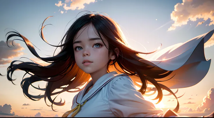 masterpiece, best quality, movie still, 1girl, cloud girl, floating in the sky, close-up, bright, happy, warm soft lighting, sunset, (sparks:0.7)