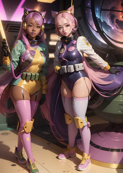 Cute space girls in multi-colors, skin flesh pink, hair violet-pink, uniforms navy blue and white, background yellows, dark purple and army green 24k resolution hyperdetailed.