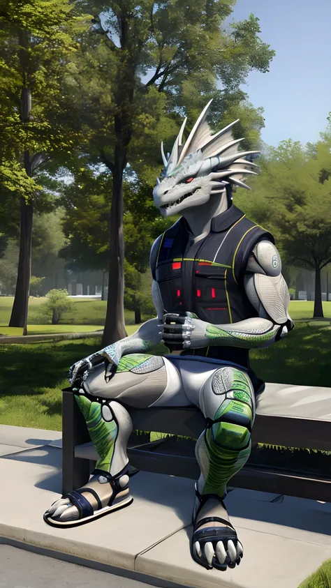 Bionic robot dragon，male，Gilet blanc，white  panties，sandals，Sit on a bed in the park，HD graphics，Detailed and realistic，high detal，high qulity，photo-realistic，photorealistic eye，Detailed paws，Clear eyes，Masterpiece artwork