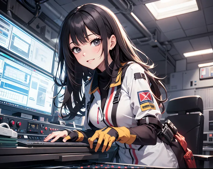 Absurd resolution, High resolution, (masutepiece: 1.4), Hyper-detailing, Young dark-haired woman dressed as a technician, blushing、excited expressions, Sitting in a very narrow and closed mech control room