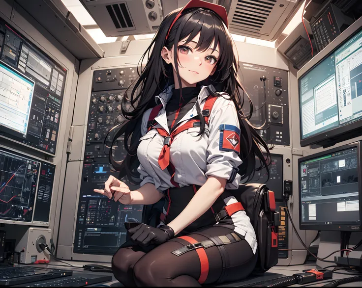 Absurd resolution, High resolution, (masutepiece: 1.4), Hyper-detailing, Young dark-haired woman dressed as a technician, blushing、excited expressions, Sitting in a very narrow and closed mech control room