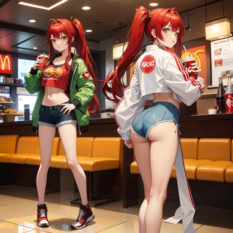 Full body shot, female asian Irina Shidou red hair twintails green eyes, in a McDonalds restaurant, wearing a bomber jacket and crop top and denim shorts, eating a cheeseburger and drinking a Coca-Cola, side shot, back shot, shot from backside, behind shot...