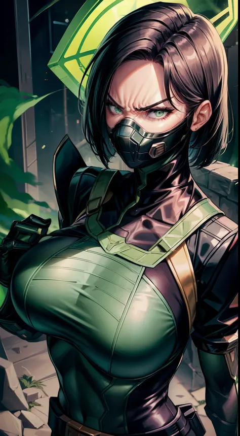 Masterpiece, Best quality, 《Fearless viper》, tightsuit, mitts, belt, thigh boots, respirator, view the viewer, face, Portrait, Close-up, Glowing eyes, green smoke, Black background,huge tit，Raised chest，Close-up of chest，chest focus，Woman in a swimsuit，ang...